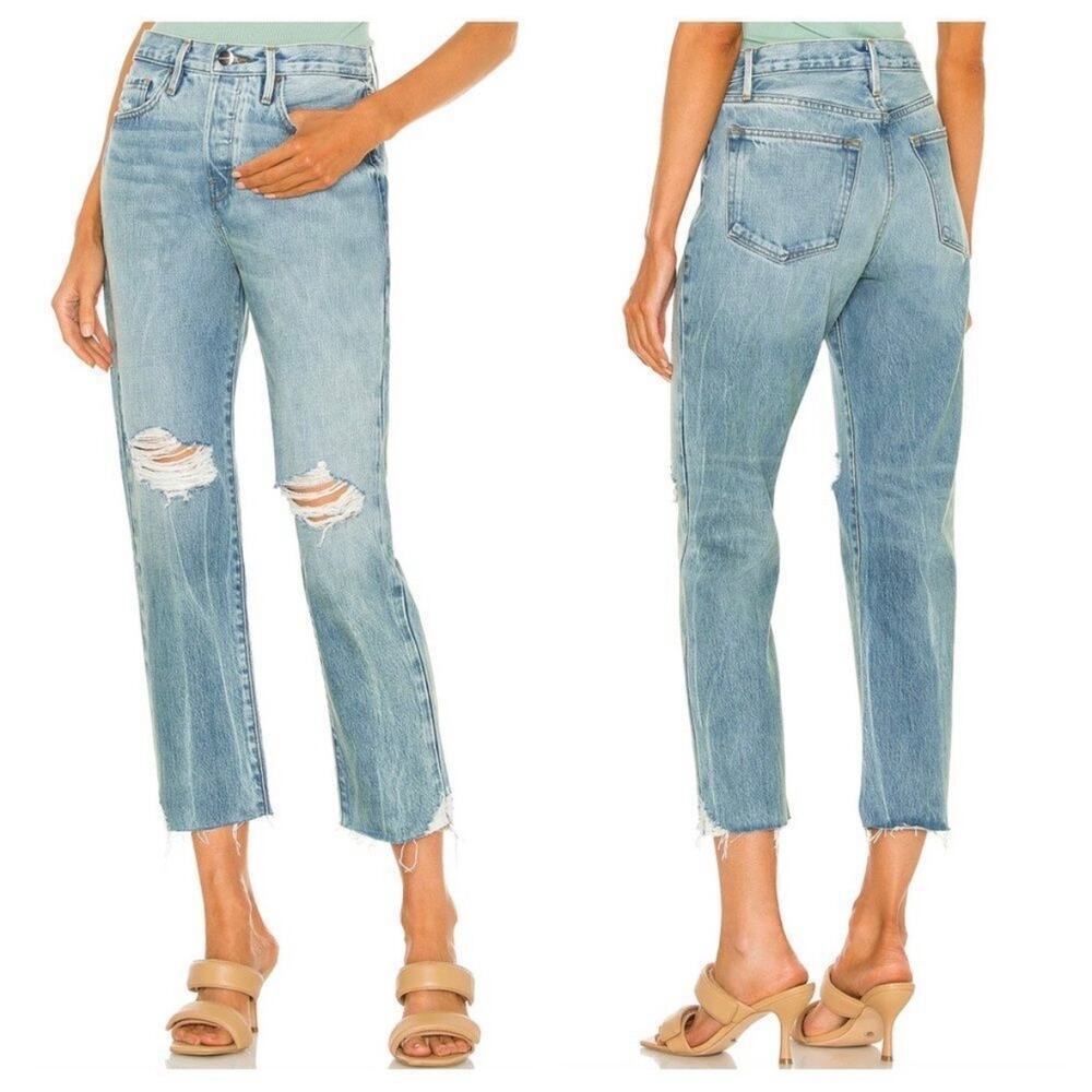 FRAME Jeans Le Original Straight High Waist Crop Distress Limelight Chew Blue 28